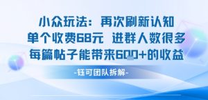 小众玩法再次刷新认知单个收费68米进群人数很多每篇帖子能带来6张的收益-最全资源库