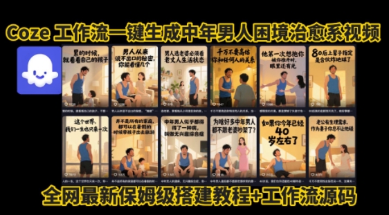 coze工作流一键生成”中年男人困境扎心高涨粉高播放量图文视频”保姆级拆解教程，无需剪辑，无需拍摄写文案-最全资源库