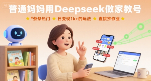 普通妈妈用Deepseek做家教号，条条热门，日变现1k+的玩法，直接抄作业-最全资源库