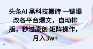 头条AI 黑科技搬砖 一键爆改各平台爆文，自动排版，秒过原创 矩阵操作，月入3w+【揭秘】-最全资源库