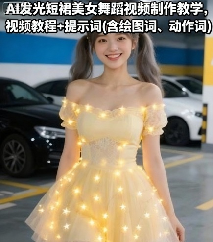 AI发光短裙美女舞蹈视频制作教学，视频教程+提示词(含绘图词、动作词)-最全资源库