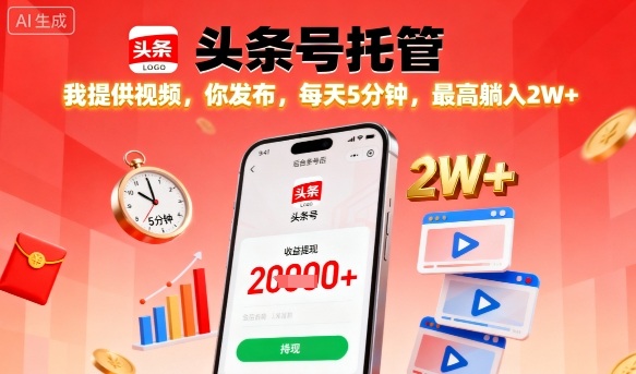 【头条号托管】我提供视频,你发布,每天5分钟,最高躺入2W+【揭秘】-最全资源库