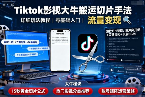 Tiktok影视大牛搬运切片手法，详细玩法教程-最全资源库