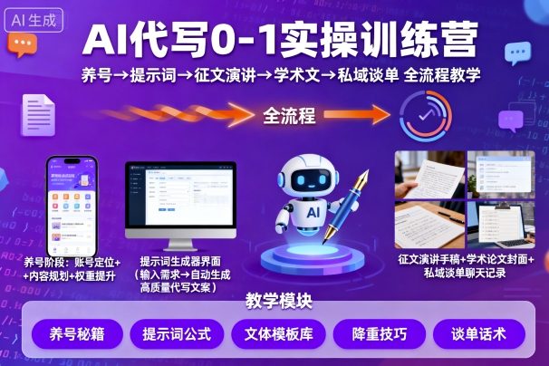 AI代写0-1实操训练营，从养号、提示词、征文演讲、学术文，到私域谈单的全流程教学-最全资源库