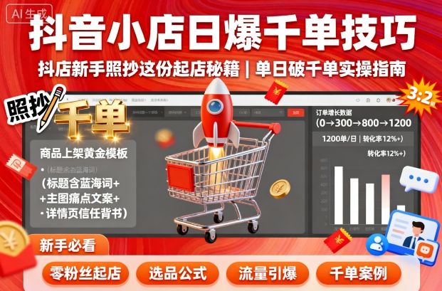 抖音小店日爆千单技巧，抖店新手照抄这份起店秘籍，单日破千单-最全资源库