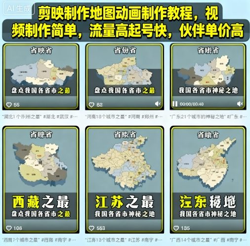 剪映制作地图动画制作教程，视频制作简单，流量高起号快，伙伴单价高-最全资源库