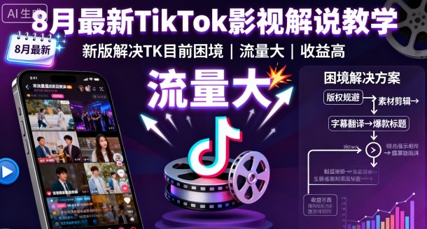 8月最新TikTok影视解说教学，新版解决TK目前困境，流量大，收益高-最全资源库