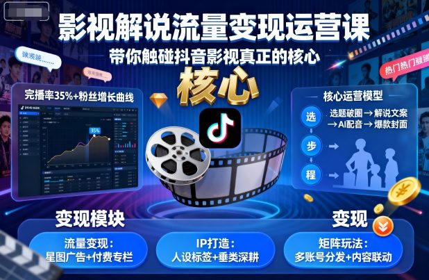 影视解说流量变现运营课,带你触碰抖音影视真正的核心-最全资源库