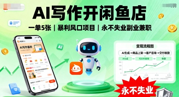 AI写作开闲鱼店,一单5张,暴利风口项目,永不失业副业兼职【全网首发】-最全资源库