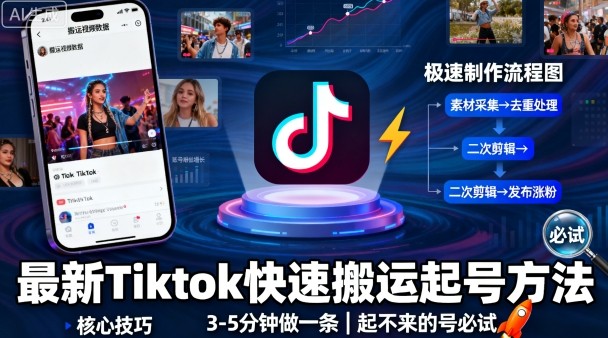 最新Tiktok快速搬运快速起号方法，3-5分钟做一条，起不来的号可以试试-最全资源库