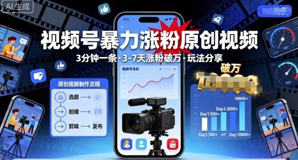 视频号暴力涨粉原创视频，3分钟一条原创视频，3-7天涨粉破万，玩法分享给你-最全资源库
