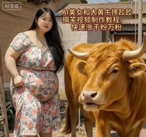 AI美女和大黄牛摔跤搞笑荒诞视频制作教程，快速涨千粉万粉-最全资源库