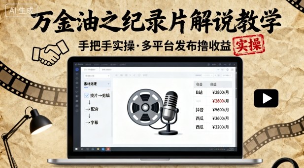 万金油之纪录片解说教学，手把手教你，完全实操，多平台发布撸收益-最全资源库