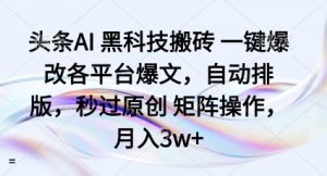 头条AI黑科技搬砖项目一键爆改各平台爆文,自动排版,秒过原创矩阵操作,月入3w+【揭秘】-最全资源库
