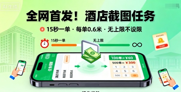 全网首发!酒店截图任务,15秒一单,每单0.6米,任务无上限不设限,矩阵操作单日3张到手【揭秘】-最全资源库