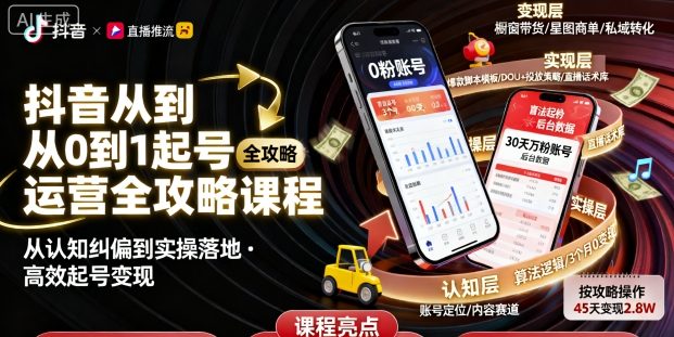 抖音从0到1起号运营全攻略课程,从认知纠偏到实操落地,高效起号变现-最全资源库