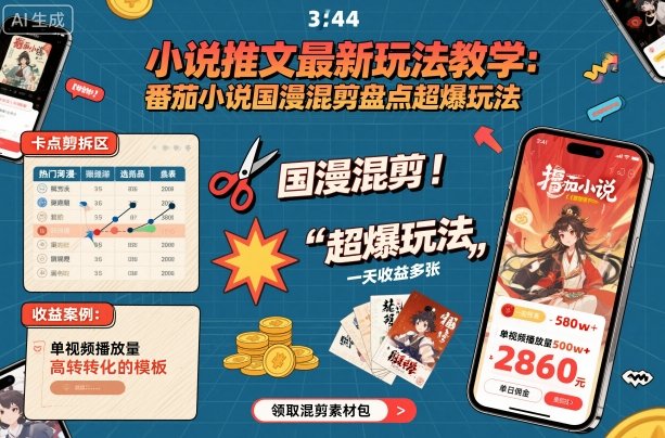 小说推文最新玩法教学，番茄小说国漫混剪盘点超爆玩法，全程干货，一天收益多张-最全资源库