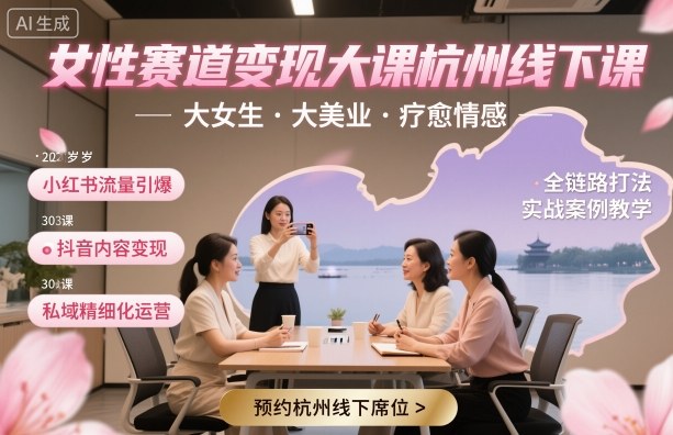 女性赛道变现大课杭州线下,大女生,大美业,疗愈情感,一套小红书、抖音、私域全链路打法-最全资源库