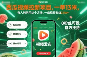 西瓜视频拉新项目，一单13米，有人悄悄用这个方法，一条视频收益2.5w+（附详细教程）-最全资源库