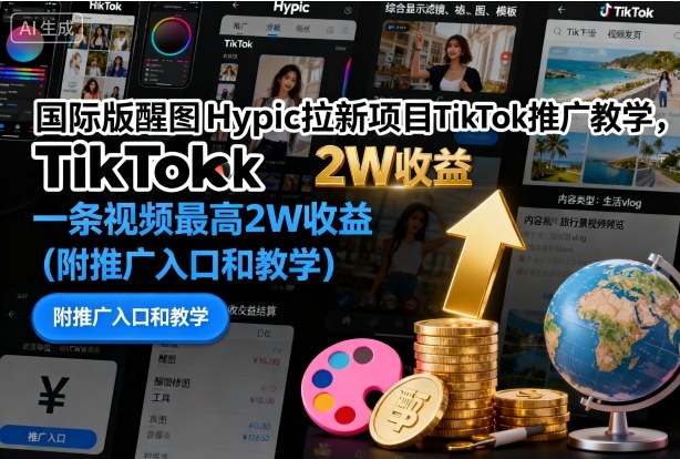 国际版醒图Hypic拉新项目TikTok推广教学，一条视频最高2W收益（附推广入口和教学）-最全资源库