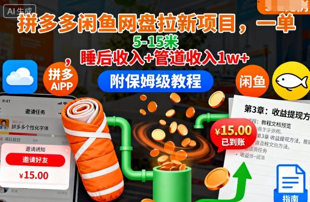 拼多多闲鱼网盘拉新项目,一单5-15米,睡后收入+管道收入1w+(附保姆级教程)-最全资源库