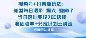 视频号加抖音新玩法：爆火新型每日语录，收徒教学加分成计划，三种变现玩法，当日变现7张-最全资源库