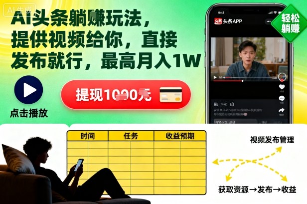 AI头条躺賺玩法，提供视频给你，直接发布就行，最高月入1W+【揭秘】-最全资源库