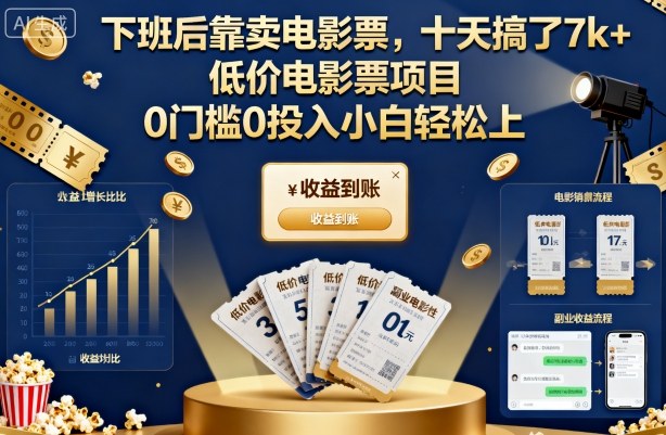 下班后靠卖电影票，十天搞了7k+，低价电影票项目，0门槛0投入小白轻松上手【揭秘】-最全资源库