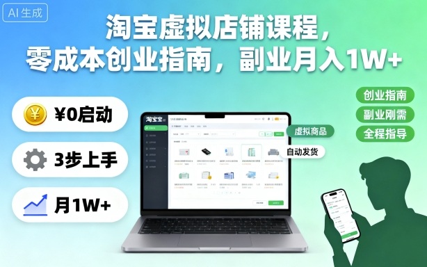 淘宝虚拟店铺课程,零成本创业指南,副业月入1W+-最全资源库