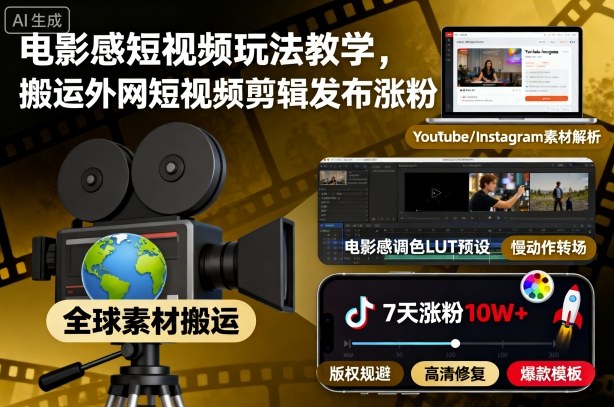 电影感短视频玩法教学，搬运外网短视频剪辑发布涨粉-最全资源库