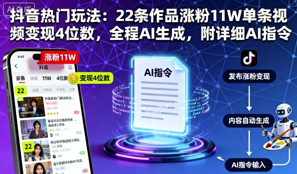抖音热门玩法：22条作品涨粉11W单条视频变现4位数，全程AI生成，附详细AI指令-最全资源库