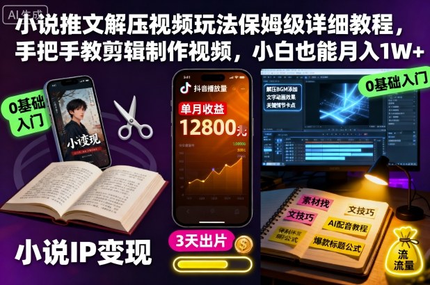 小说推文解压视频玩法保姆级详细教程,手把手教剪辑制作视频,小白也能月入1W+-最全资源库