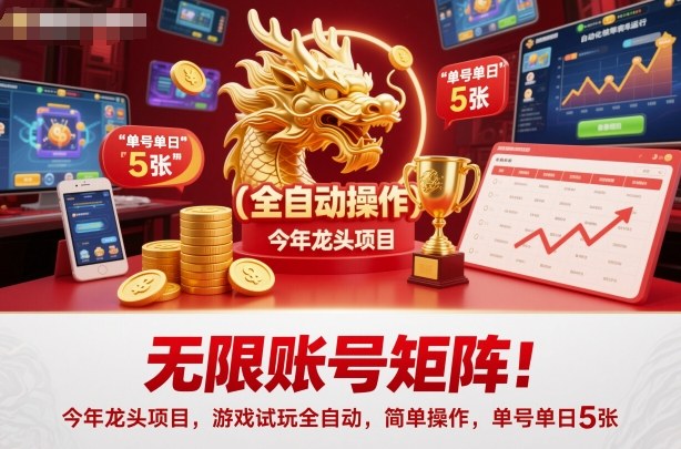 无限账号矩阵！今年龙头项目，游戏试玩全自动，简单操作，单号单日5张【揭秘】-最全资源库