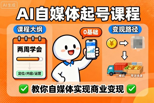 AI自媒体起号课程，0基础小白两周学会，教你自媒体实现商业变现-最全资源库