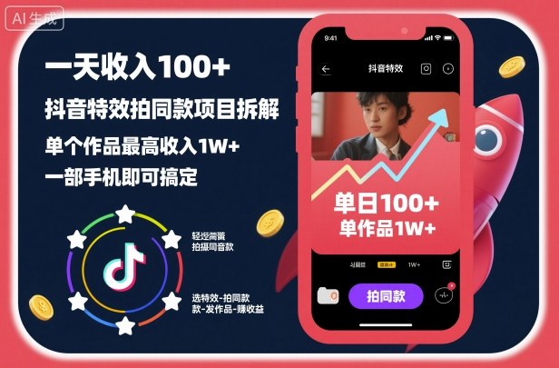一天收入100+,抖音特效拍同款项目拆解,单个作品最高收入1W+,一部手机即可搞定-最全资源库
