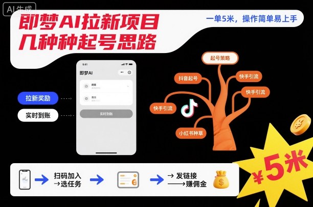 即梦AI拉新项目几种起号思路，一单5米，操作简单易上手-最全资源库