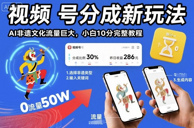 视频号分成新玩法，AI非遗文化流量巨大，小白10分钟搞定，完整教程-最全资源库