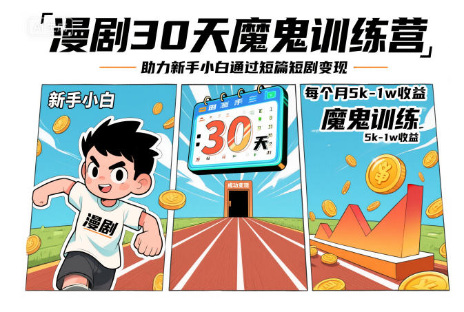 漫剧30天魔鬼训练营，助力新手小白通过短篇短剧变现，每个月5k-1w收益-最全资源库