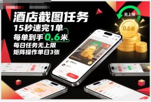 酒店截图任务，15秒速完1单，每单到手0.6米，每日任务无上限，全网首发玩法，矩阵操作单日3张【揭秘】-最全资源库
