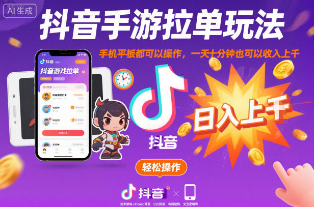 抖音手游拉单玩法，手机平板都可以操作，一天十分钟也可以收入上K【揭秘】-最全资源库