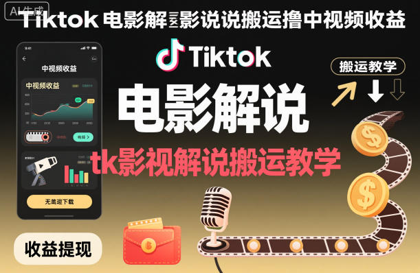 Tiktok电影解说搬运撸中视频收益，tk影视解说搬运教学-最全资源库