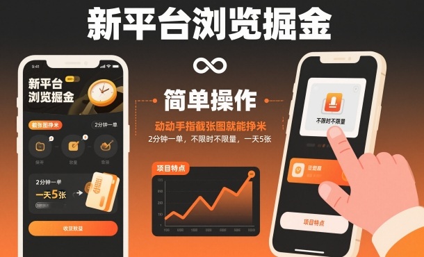 新平台浏览掘金,动动手指截张图就能挣米,2分钟一单,不限时不限量,一天5张【揭秘】-最全资源库