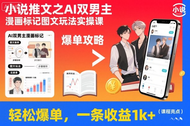 小说推文之AI双男主漫画标记图文玩法实操课，轻松爆单，一条收益1k+-最全资源库