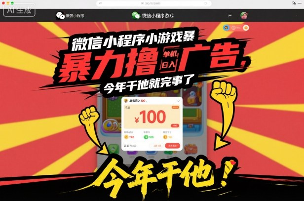 微信小程序小游戏暴力撸广告,单机日入100,今年干他就完事了-最全资源库