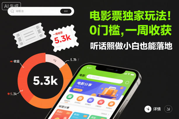 电影票独家玩法！0门槛，一周收获5.3k，听话照做小白也能落地【揭秘】-最全资源库
