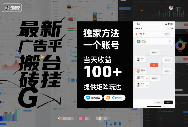 最新广告平台搬砖挂G,独家方法,一个账号,当天收益100+,提供矩阵玩法【揭秘】-最全资源库