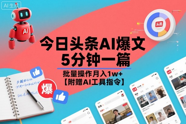 今日头条AI爆文,5分钟一篇,批量操作月入1w+【附赠AI工具指令】-最全资源库