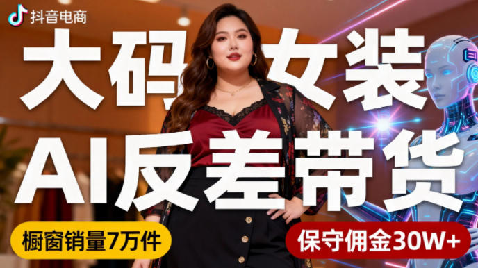 抖音小众赛道,大码女装AI反差带货,不用直播,每天6条作品,橱窗卖7万件,保守佣金30W+-最全资源库