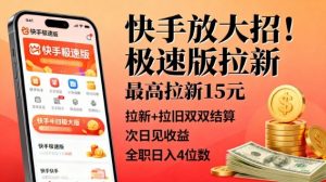 快手放大招!极速版拉新,最高拉新15米,拉新+拉旧双双结算,次日见收益,全职日入4位数-最全资源库