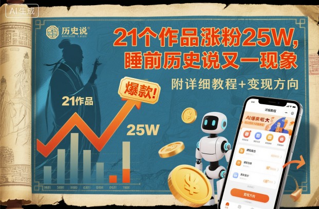 21个作品涨粉25W,睡前历史说又一现象级AI内容大爆款来啦,附详细教程+变现方向-最全资源库